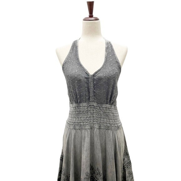 NWT Himalayan Arts Wear Boho Embroidered Gray Halter Maxi Dress Size Medium NEW - Picture 2 of 12